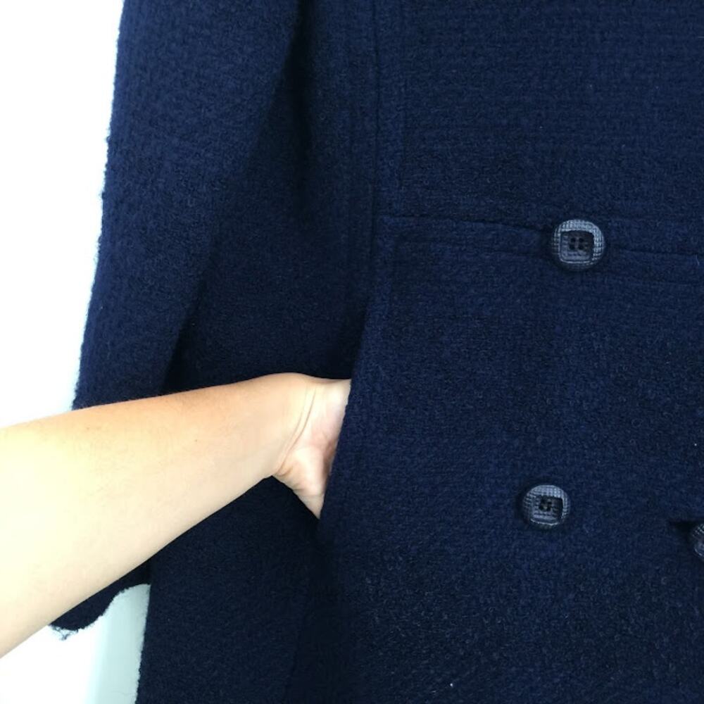 Vintage Dark Blue Full Length Coat Jacket Button Up Textured Medium/Large Trench - Picture 5 of 5